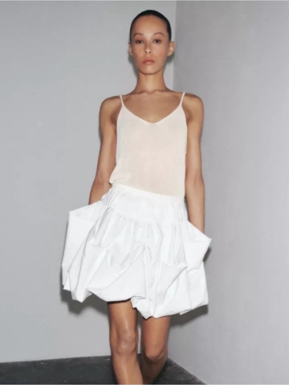 Zara White Bubble Mini Skirt with Oversized Pocket Folds